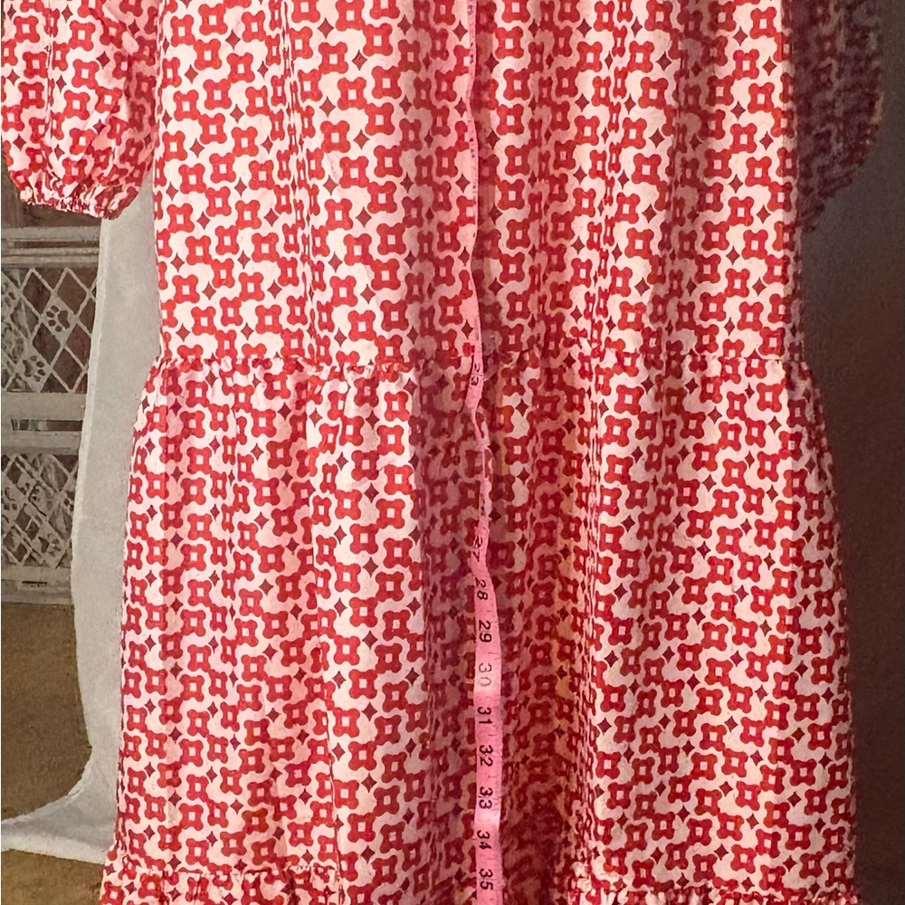 Red & White Geometric Print Tiered Maxi Dress | Long Puff Sleeve Boho - Picture 2 of 2